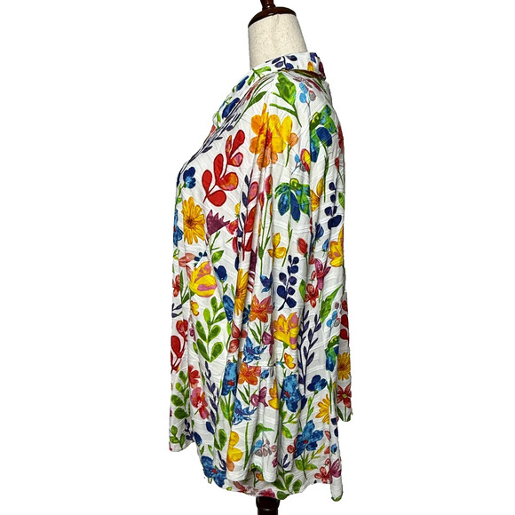 Ali Miles Top 3X White Blue Colorful Floral Button Up Stretch Bell Sleeve Career - Picture 6 of 10